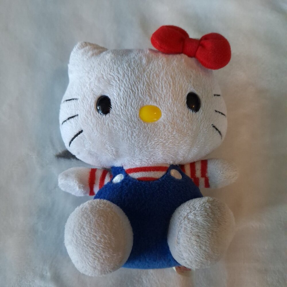 2009 TY Hello Kitty By Sanrio Plush 5.5" Blue Overalls Striped Red Shirt - Picture 6 of 8